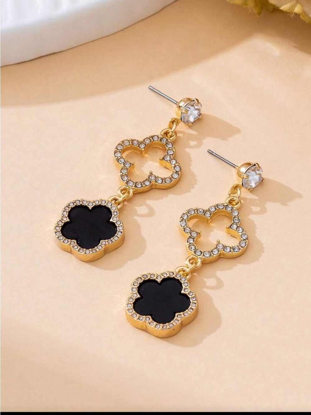 Gold-Plated Black Drop Clover Earrings - Picture 2 of 5